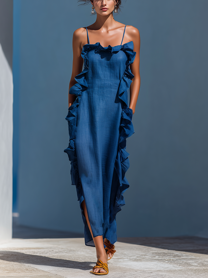 Robe Maxi à Bretelles Spaghetti en Mélange de Lin Bleu avec Volants pour Femmes MDZ2407D1T