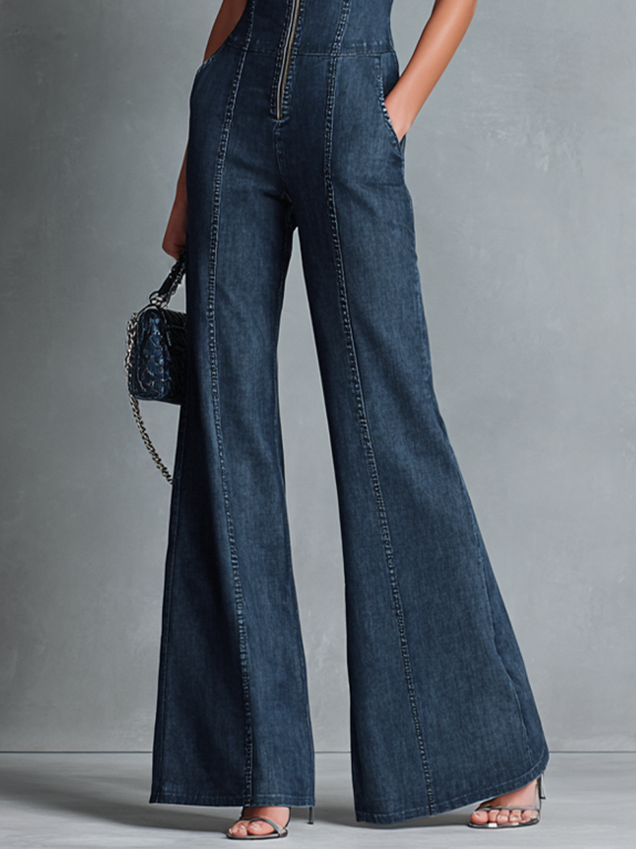 Dames Style Rétro Jean Denim Bleu Foncé Sans Manches Col Montant Pantalon Évasé Combinaison Avec Fermeture Éclair MDZ1239B2BA