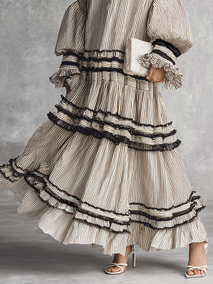 Robe Maxi à Manches Longues en Mélange de Coton à Volants Rayée Boho pour Femmes MDZ1426B2BA