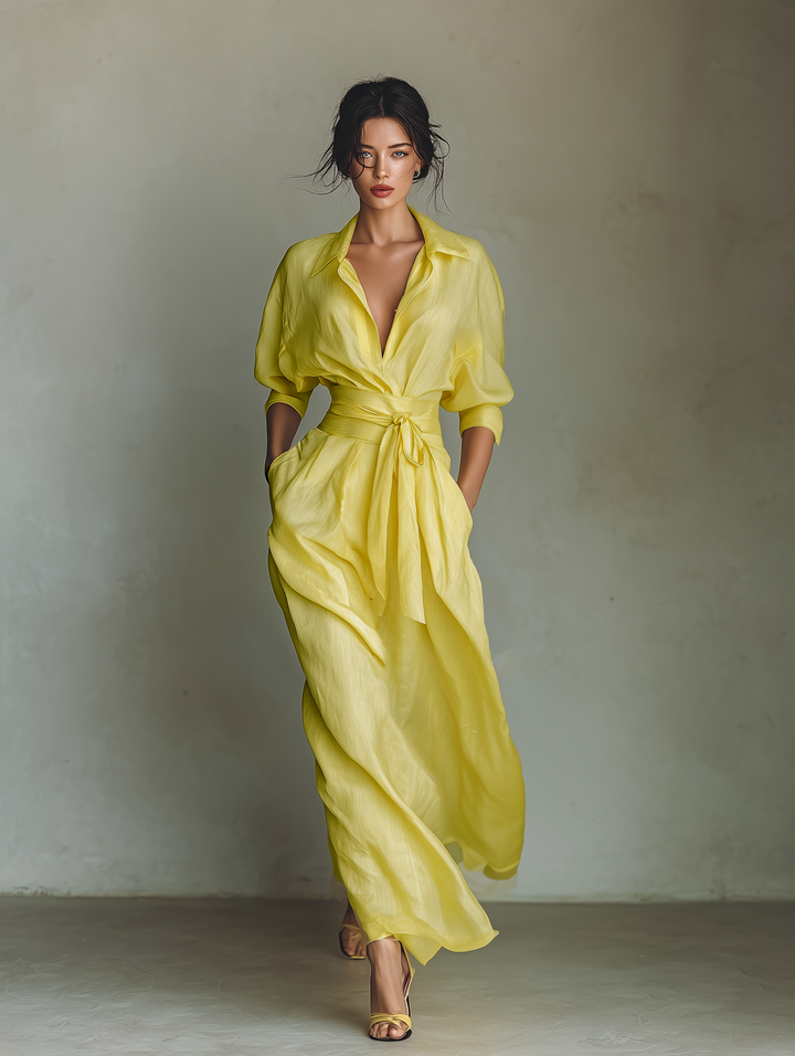 Robe Maxi Chemise Femme En Jaune Citron Mélange De Coton Et De Lin Avec Ceinture À Nouer & Manches Mi-Longues MDZ2884A4T
