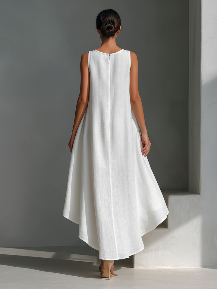 Robe Midi Sans Manches en Lin Blanc pour Femmes avec Col Ronde & Ourlet Asymétrique MDZ0987B9T