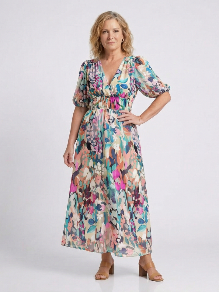 Eulalie | Robe midi à col en V et manches courtes froncées à la taille