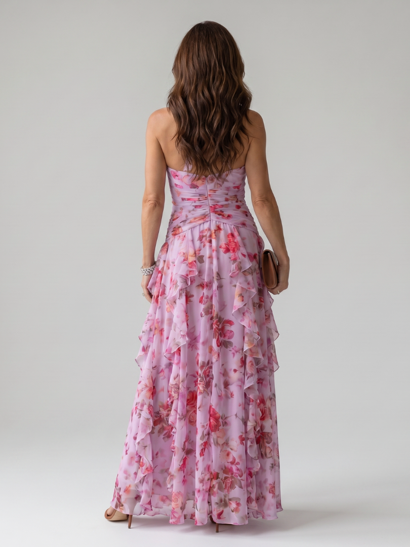 Nori | Robe Maxi à Encolure Halter et Corsage Froncé Floral