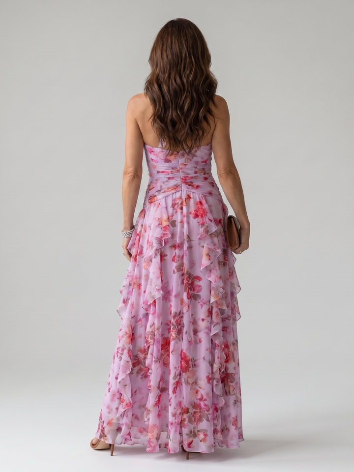 Nori | Robe Maxi à Encolure Halter et Corsage Froncé Floral