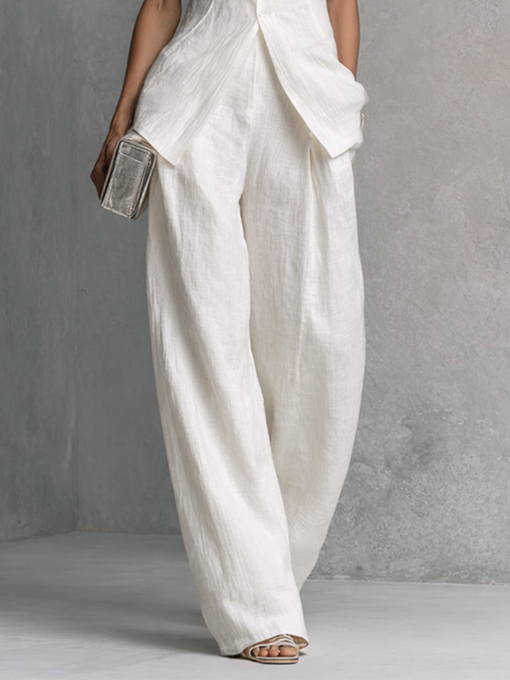 Ensemble Top Sans Manches et Pantalon Large en Coton Lin Blanc Élégant pour Femmes MDZ0221B1BA