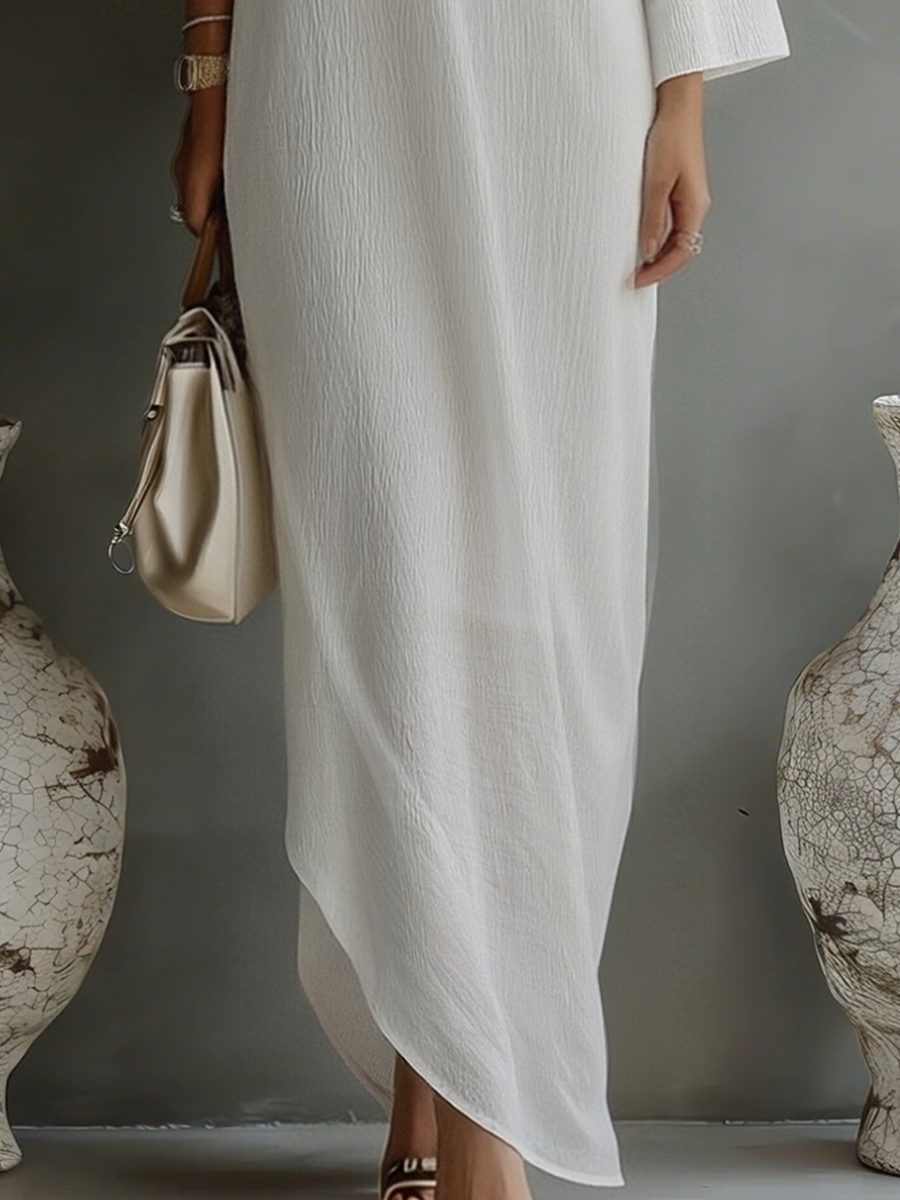 Robe Élégante Fluide à Épaule Dénudée en Mélange Coton-Lin Ivoire Blanc MDA3032K4T