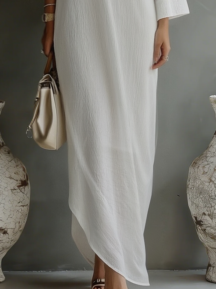 Robe Élégante Fluide à Épaule Dénudée en Mélange Coton-Lin Ivoire Blanc MDA3032K4T