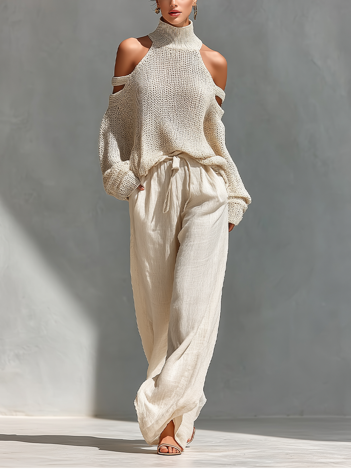 Pull Col Roulé à Épaules Dégagées en Coton Tricoté Beige pour Femmes & Ensemble Pantalon Large MDZ0984A5T