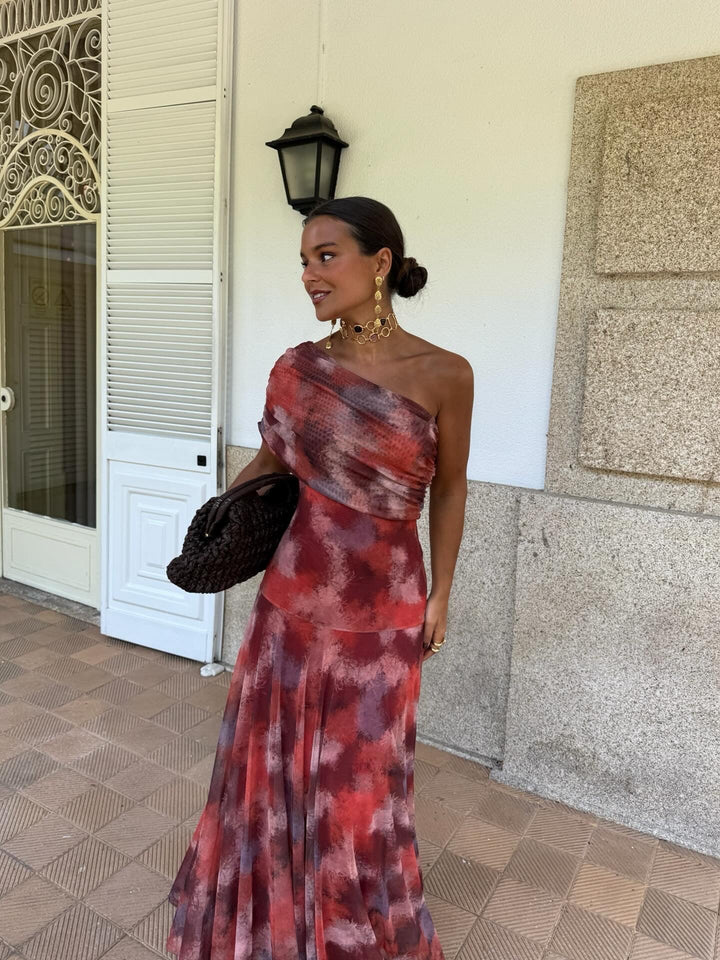 Aleida│Robe Longue Aquarelle à Épaules Dégagées