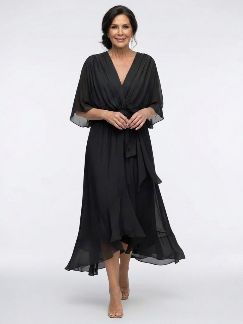 Elysia | Robe midi drapée avec décolleté en V et ceinture à la taille