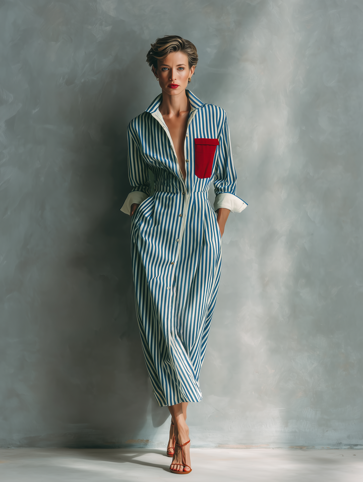Robe Chemise Rayée En Mélange De Coton Bleu Et Blanc Pour Femmes Avec Poche Rouge MDZ1286C2T