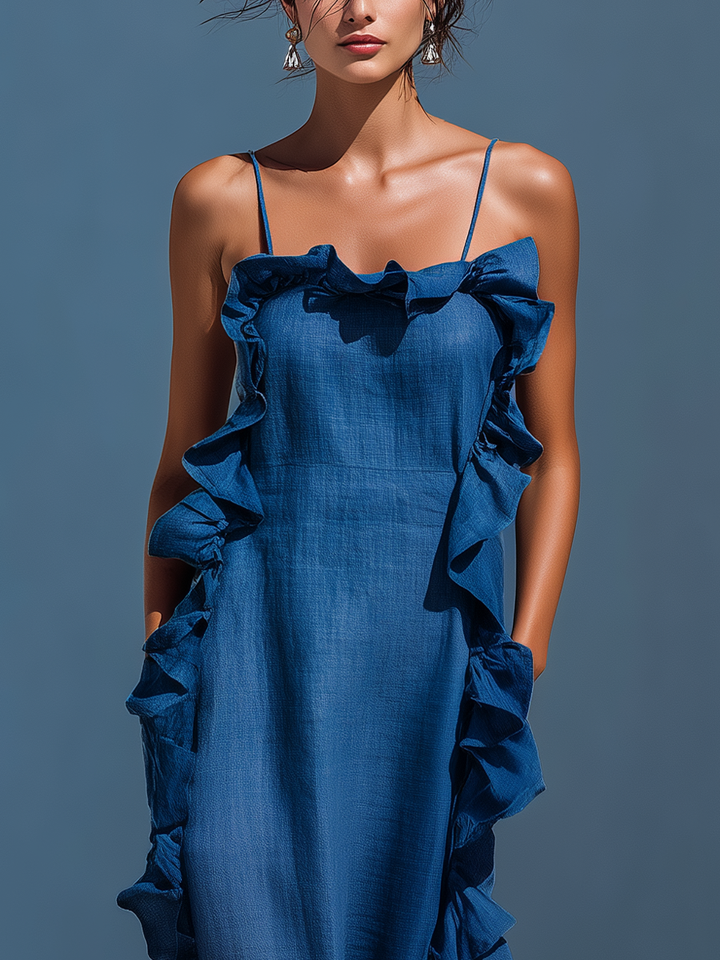 Robe Maxi à Bretelles Spaghetti en Mélange de Lin Bleu avec Volants pour Femmes MDZ2407D1T