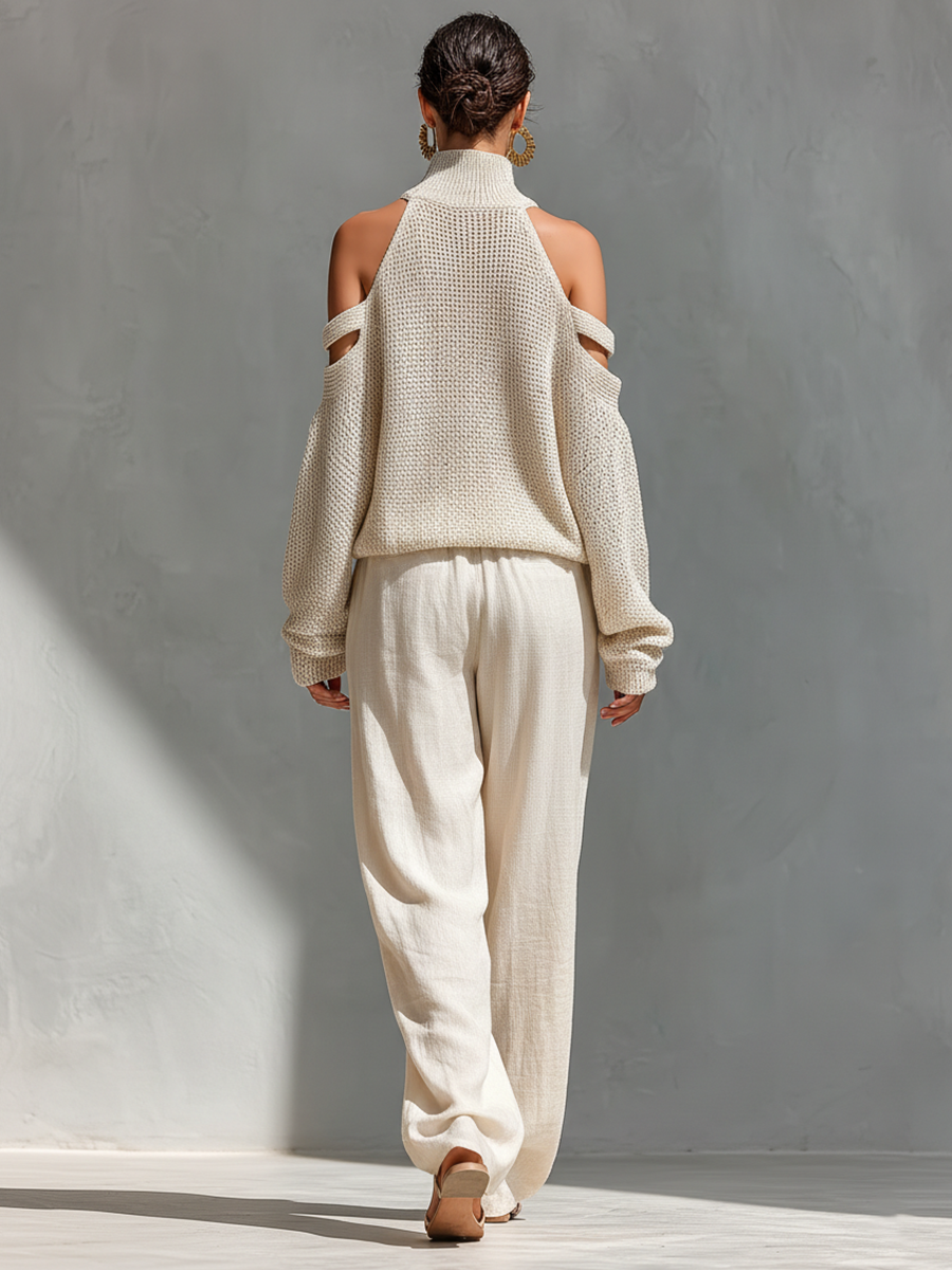 Pull Col Roulé à Épaules Dégagées en Coton Tricoté Beige pour Femmes & Ensemble Pantalon Large MDZ0984A5T