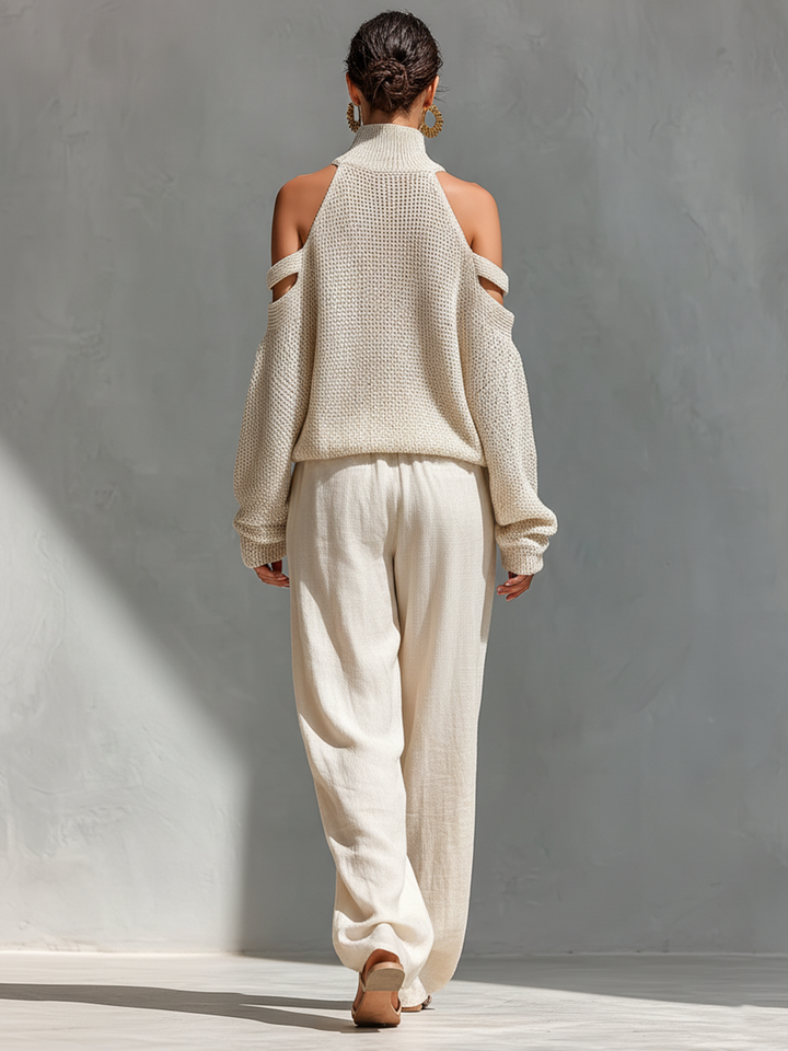 Pull Col Roulé à Épaules Dégagées en Coton Tricoté Beige pour Femmes & Ensemble Pantalon Large MDZ0984A5T
