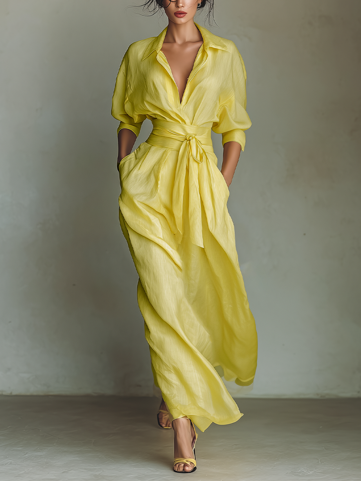 Robe Maxi Chemise Femme En Jaune Citron Mélange De Coton Et De Lin Avec Ceinture À Nouer & Manches Mi-Longues MDZ2884A4T