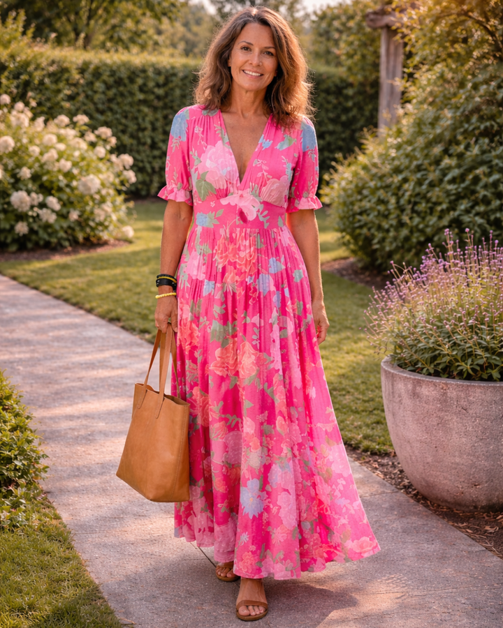 Ione | Robe midi à fleurs sans manches avec décolleté en V
