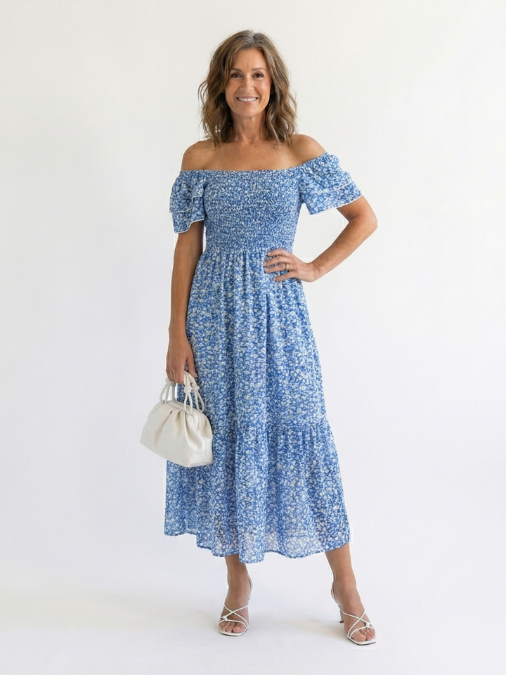 Odette | Robe Midi Smockée à Épaules Dénudées