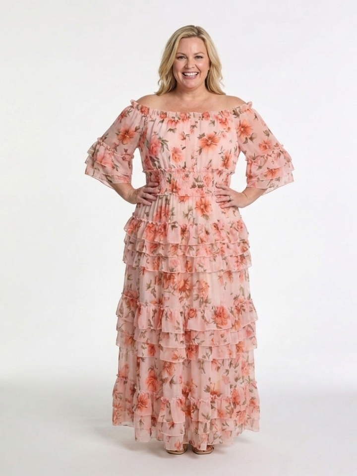 Rosalie | Robe Maxi à Volants Florale à Épaules Dégagées