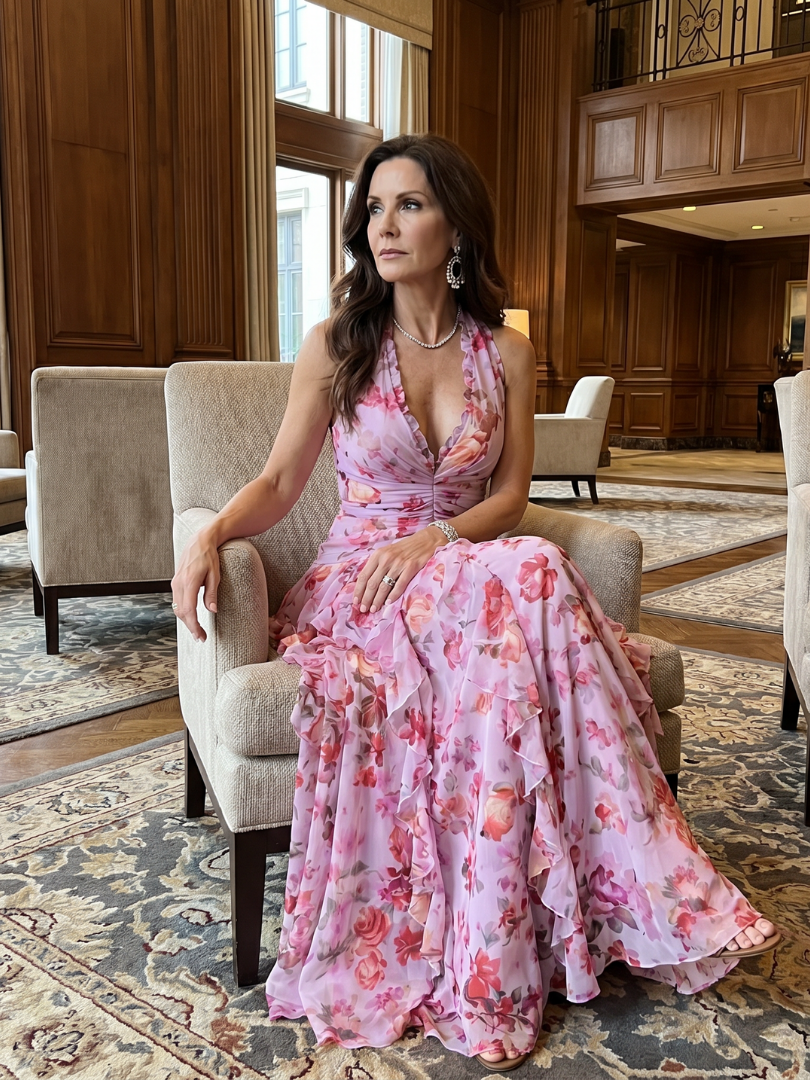 Nori | Robe Maxi à Encolure Halter et Corsage Froncé Floral