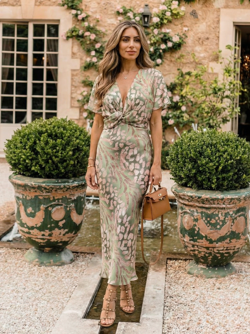 Coralie | Imprimé abstrait Robe midi à encolure en V et taille cintrée