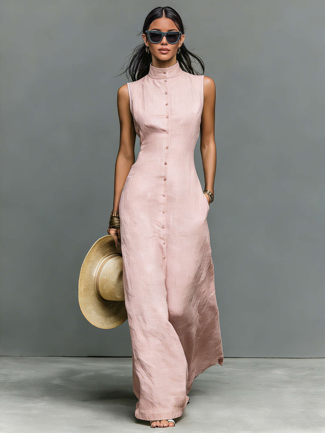 Robe Maxi Sans Manches en Mélange de Lin Minimaliste pour Femmes avec Col Montant et Boutonnage Unique MDZ1049C1Y