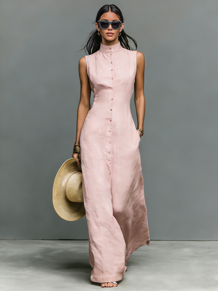 Robe Maxi Sans Manches en Mélange de Lin Minimaliste pour Femmes avec Col Montant et Boutonnage Unique MDZ1049C1Y