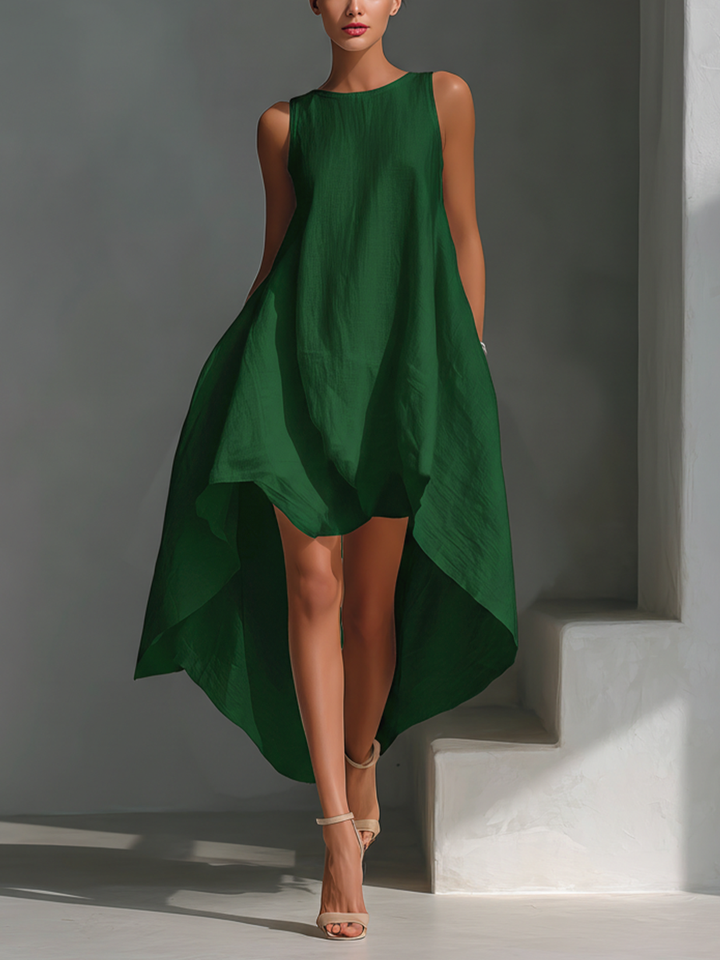 Robe Midi Sans Manches en Lin Blanc pour Femmes avec Col Ronde & Ourlet Asymétrique MDZ0987B9T