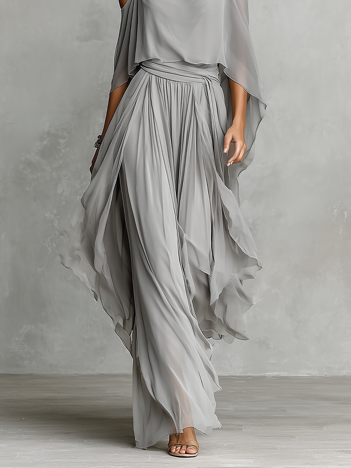 Ensemble Chiffon Respirant Grise pour Femmes avec Détail Épaule Dénudée & Silhouette Évasée, Style Féminin Luxe Contemporain MDZ2651B6I