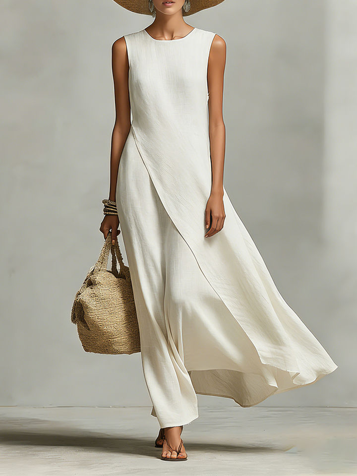 Robe en Lin Respirant Ivoire pour Femmes avec Détail Sans Manches & Ourlet Asymétrique, Style Décontracté et Féminin Contemporain MDZ0408C2I