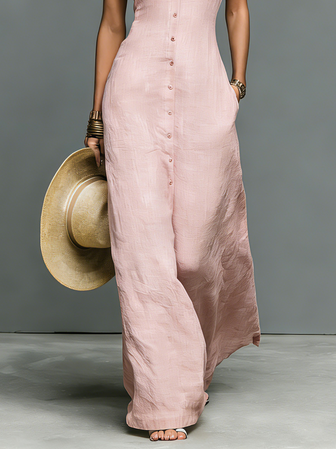 Robe Maxi Sans Manches en Mélange de Lin Minimaliste pour Femmes avec Col Montant et Boutonnage Unique MDZ1049C1Y