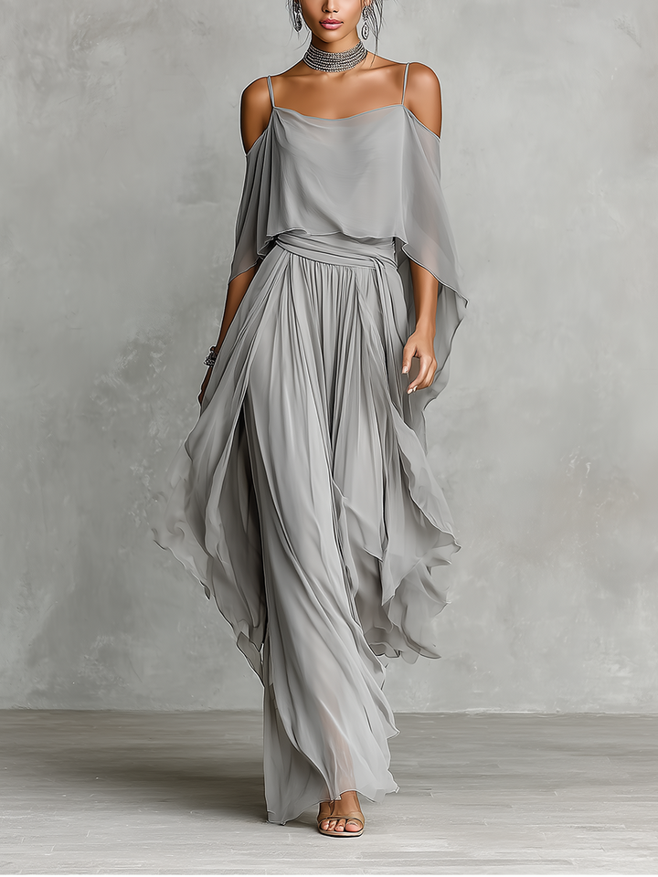 Ensemble Chiffon Respirant Grise pour Femmes avec Détail Épaule Dénudée & Silhouette Évasée, Style Féminin Luxe Contemporain MDZ2651B6I