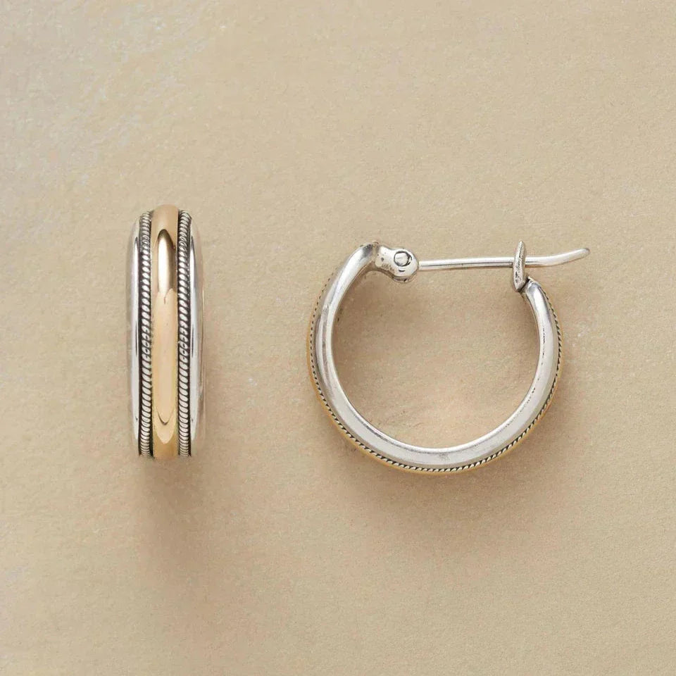 Boucles d'Oreilles Argent Vintage à Rayures Dorées