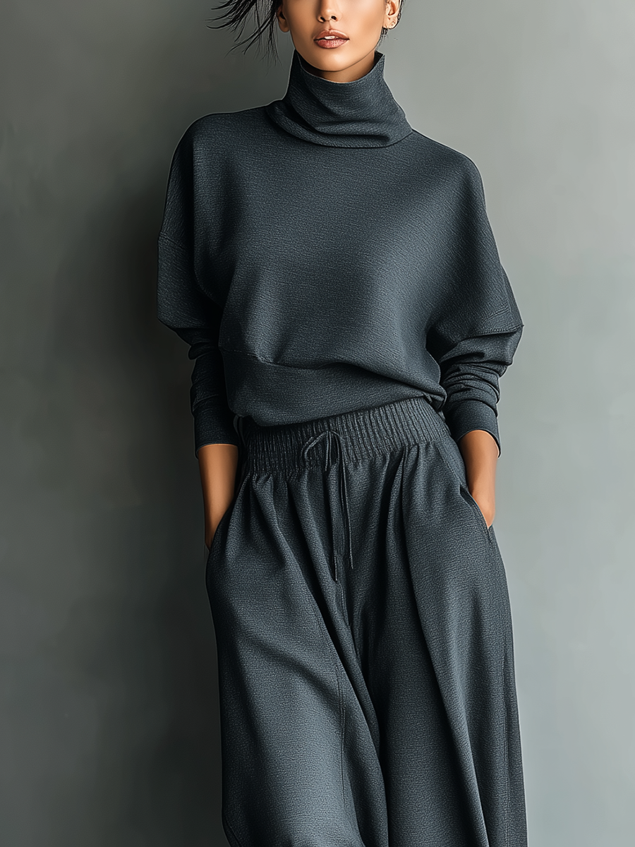 Ensemble Top Oversized à Col Roulé en Charbon et Pantalon Large pour Femmes MDA2435L7T