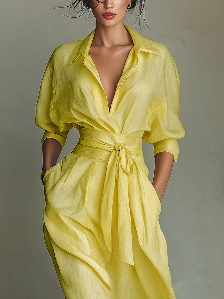 Robe Maxi Chemise Femme En Jaune Citron Mélange De Coton Et De Lin Avec Ceinture À Nouer & Manches Mi-Longues MDZ2884A4T