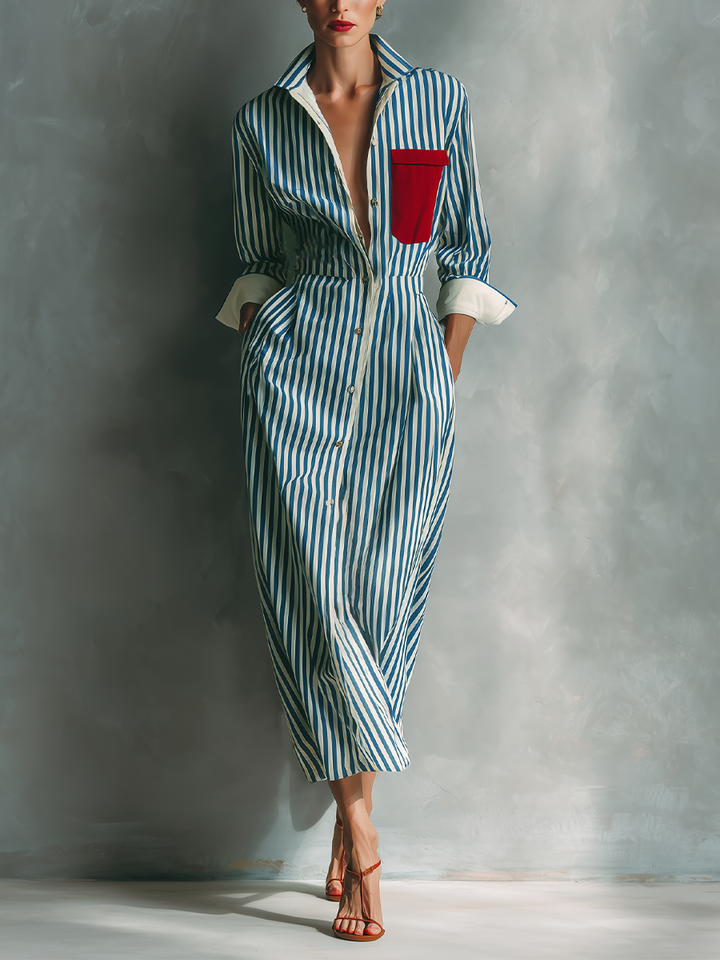 Robe Chemise Rayée En Mélange De Coton Bleu Et Blanc Pour Femmes Avec Poche Rouge MDZ1286C2T