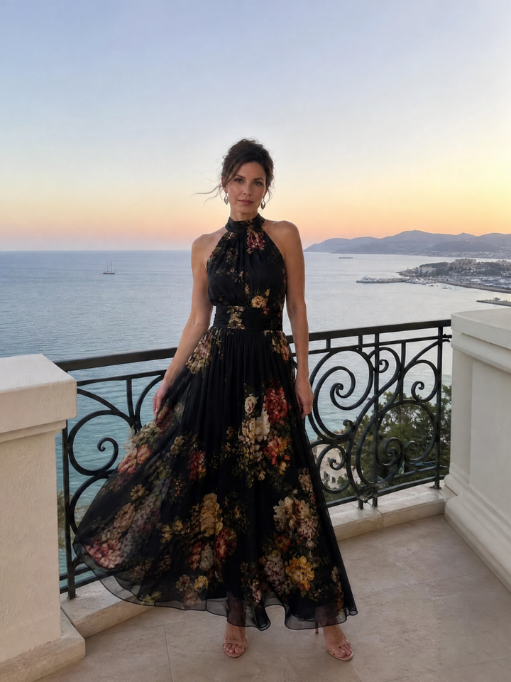 Sior | Robe Midi à Encolure Halter Florale