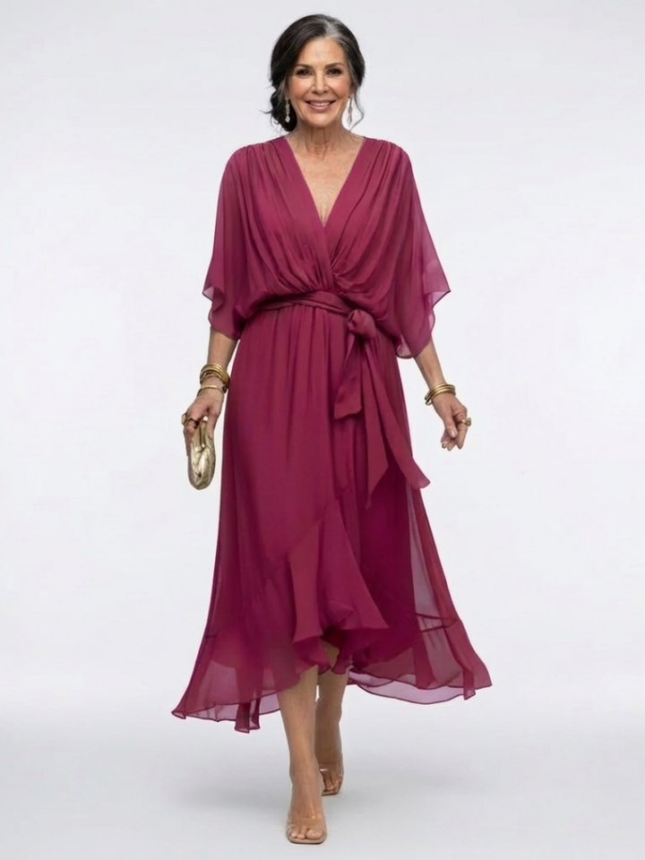Elysia | Robe midi drapée avec décolleté en V et ceinture à la taille