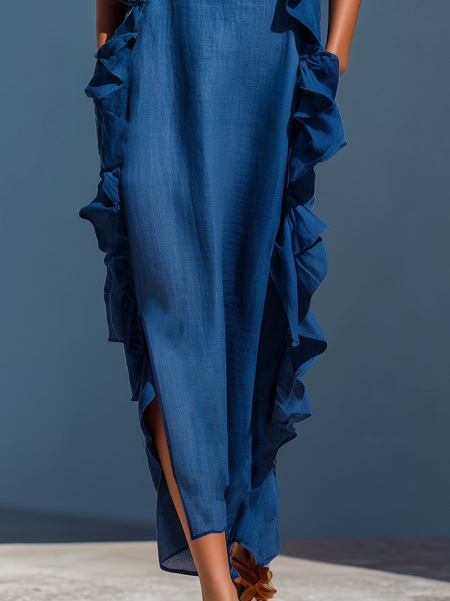 Robe Maxi à Bretelles Spaghetti en Mélange de Lin Bleu avec Volants pour Femmes MDZ2407D1T