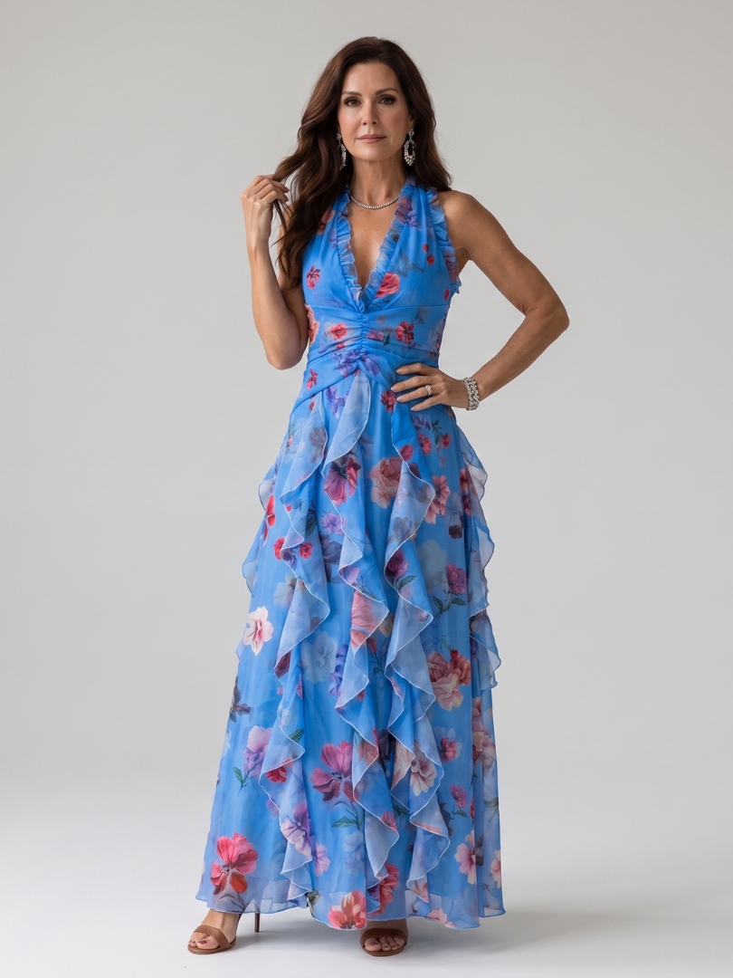 Nori | Robe Maxi à Encolure Halter et Corsage Froncé Floral