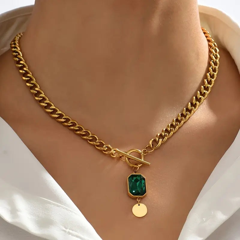 Collier Pendentif Émeraude Chaîne Épaisse