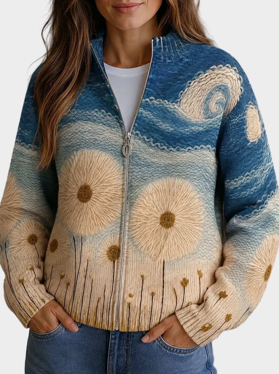 Yolanda - Cardigan matelassé avec fermeture éclair à fleurs de pissenlit