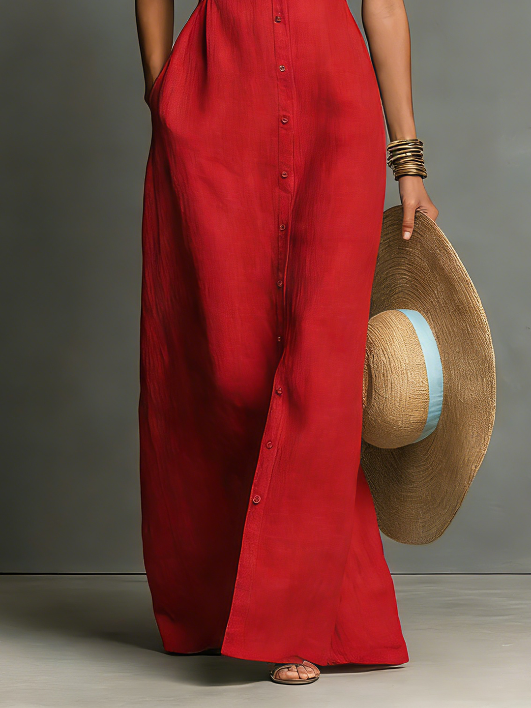 Robe Chemise Maxi Sans Manches à Col Minimaliste en Mélange de Lin pour Femmes MDZ1011C0Y