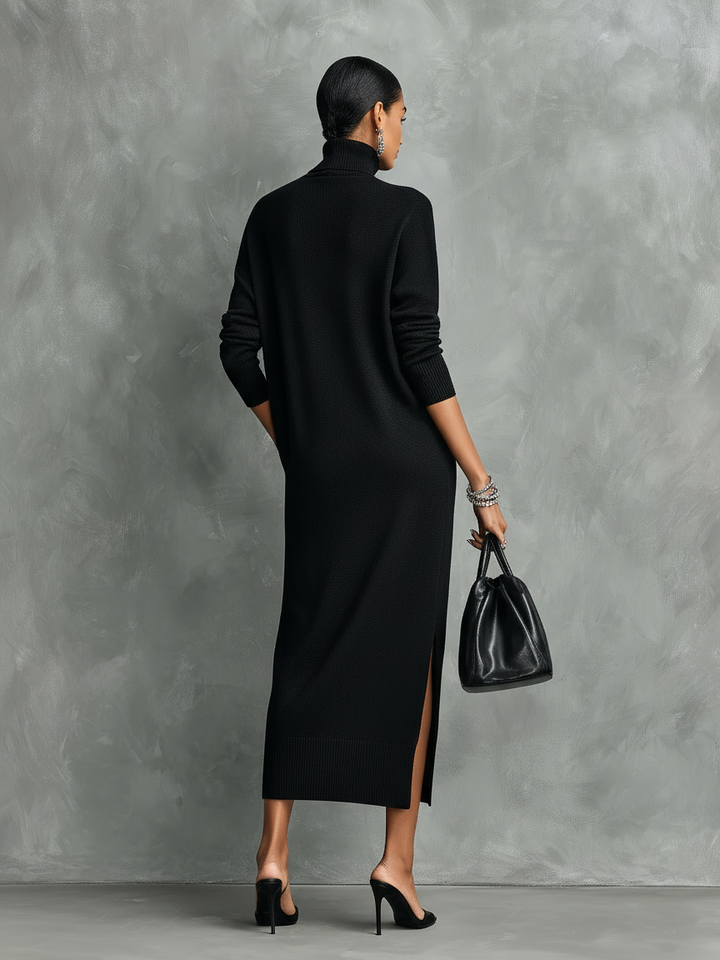 Robe Midi Ample en Maille Noire Élégante pour Femmes à Col et Manches Longues Sans Poches MDA1974L7AN