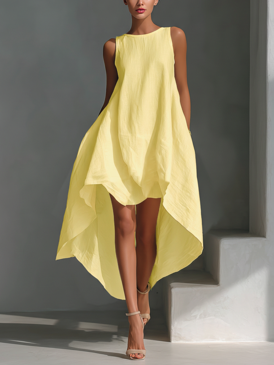 Robe Midi Sans Manches en Lin Blanc pour Femmes avec Col Ronde & Ourlet Asymétrique MDZ0987B9T