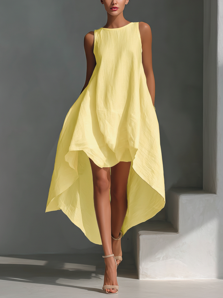Robe Midi Sans Manches en Lin Blanc pour Femmes avec Col Ronde & Ourlet Asymétrique MDZ0987B9T