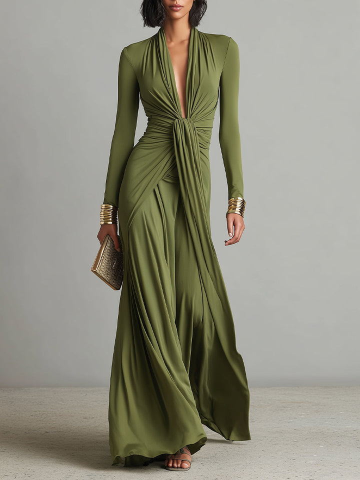 Robe Maxi en Soie Olive à Décolleté en V