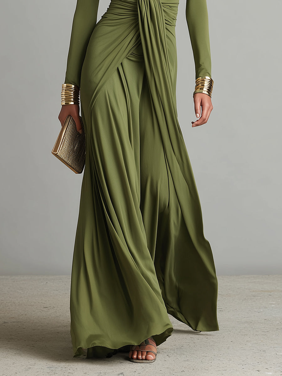 Robe Maxi en Soie Olive à Décolleté en V