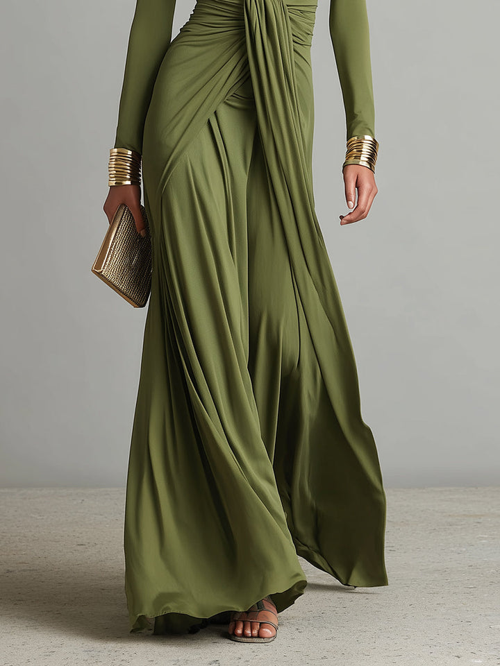 Robe Maxi en Soie Olive à Décolleté en V