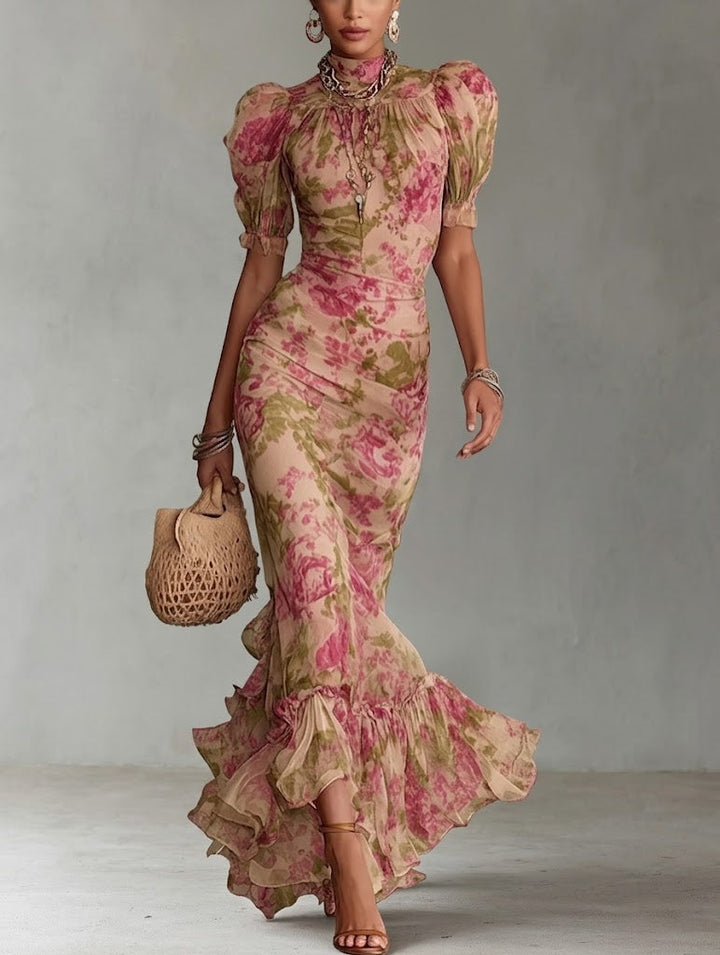 Fiora - Robe longue avec imprimé vintage à roses et manches bouffantes