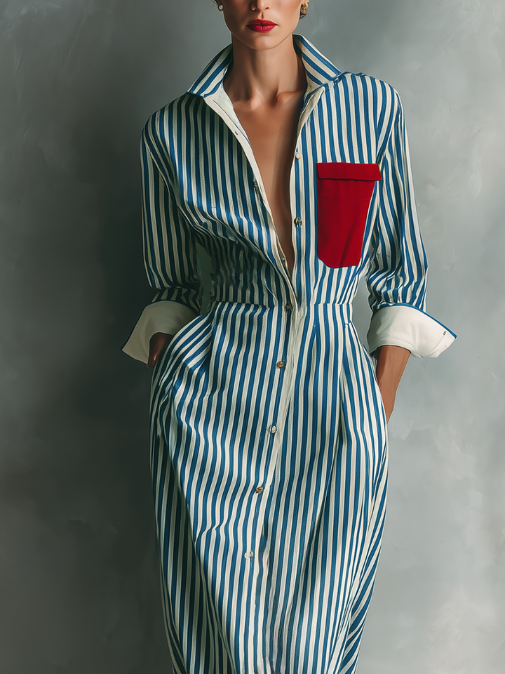 Robe Chemise Rayée En Mélange De Coton Bleu Et Blanc Pour Femmes Avec Poche Rouge MDZ1286C2T